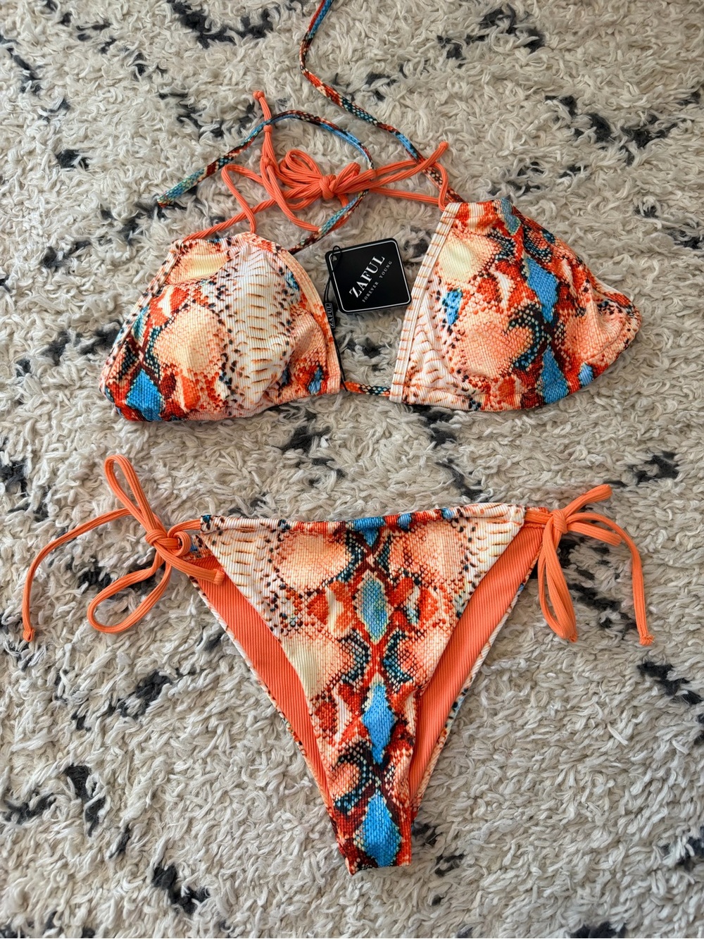 Zaful Orange and Blue Snake-Print Tie Bikini Set